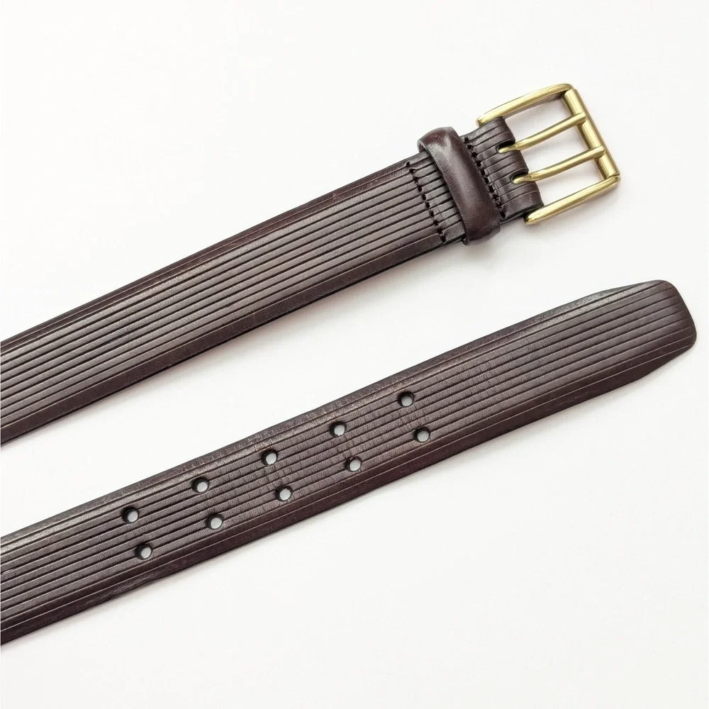 Cole Haan Mens 36 Brown Etched Leather Belt Solid Brass Buckle Double Prong